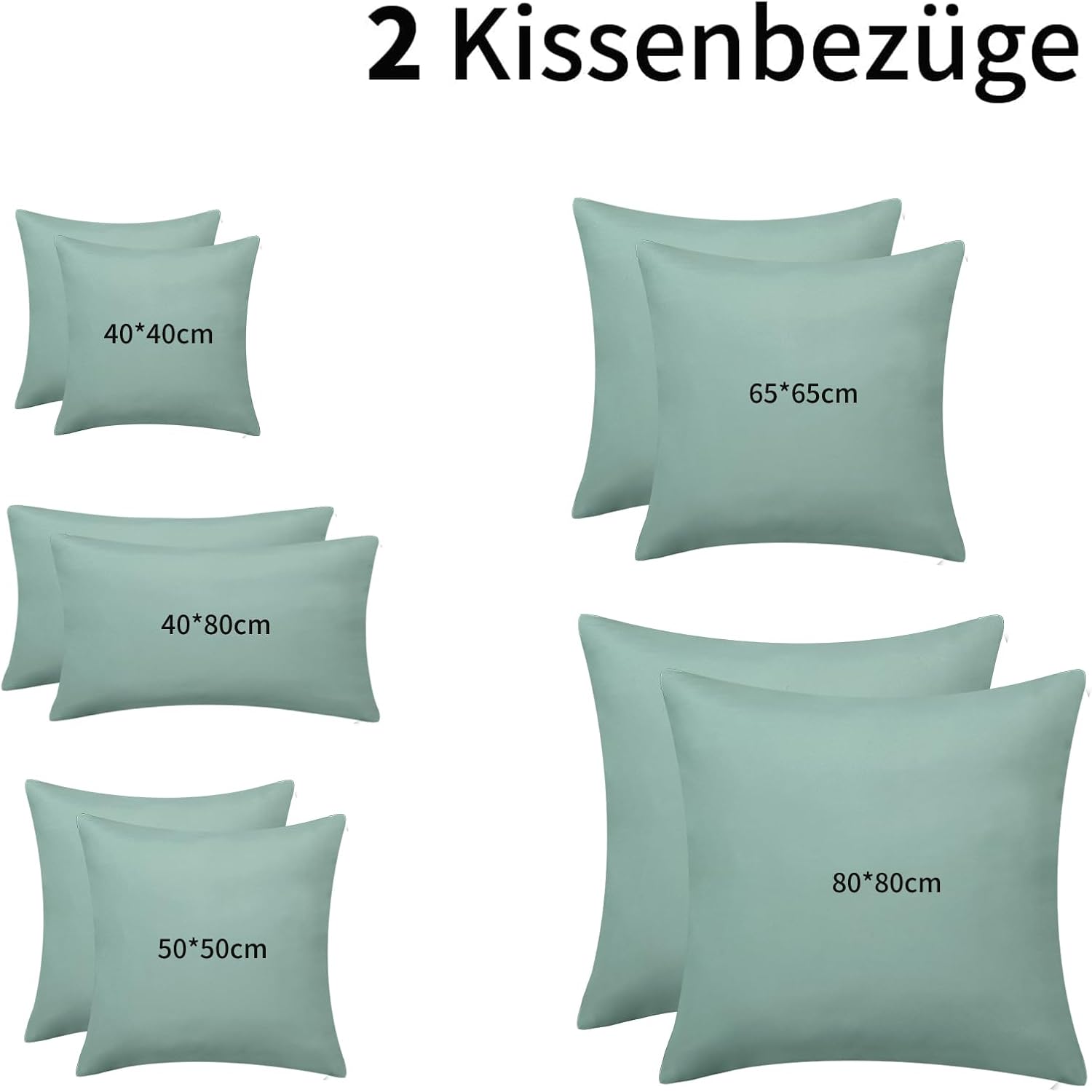 Thumbnail 5 de Aisbo Kissenbezug 80x80 im 2er-Set (Kopf-/Dekokissen), Salbeigrün, Mikrofaser mit Reißverschluss, ÖKO-TEX