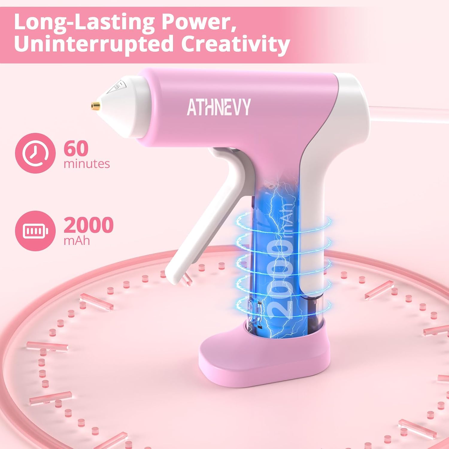 Detalle de Cordless Hot Glue Gun, 4V 10s Fast Preheat – USB-C, 2000mAh Battery, Anti-Drip Nozzle, 30 x 7mm Sticks (Pink)