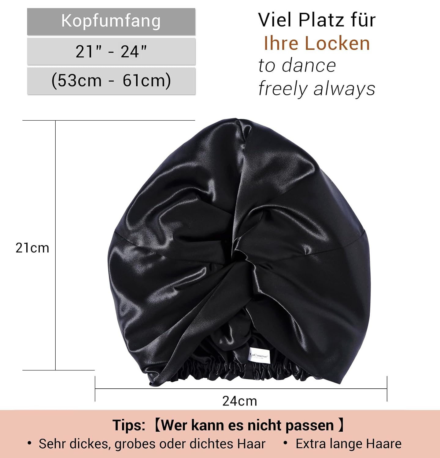 Detalle 2 de LaCourse rutschfeste, verstellbare Seidenhaube (22 Momme, 100% Maulbeerseide) zum Schlafen – Schwarz