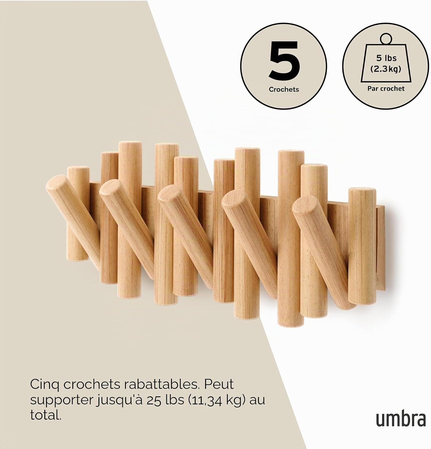 Thumbnail 4 de Umbra Picket 5. Patère murale à 5 crochets en bois naturel – design mural et fonction