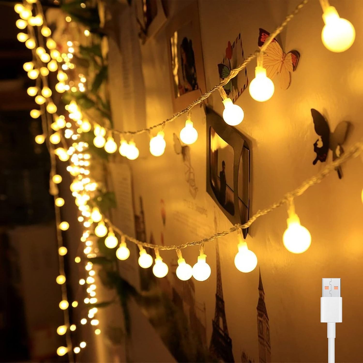 Detalle de Bigzom TZWC-5-S-I-A-T-40 USB-lichtsnoer met 40 warmwitte led-bollen