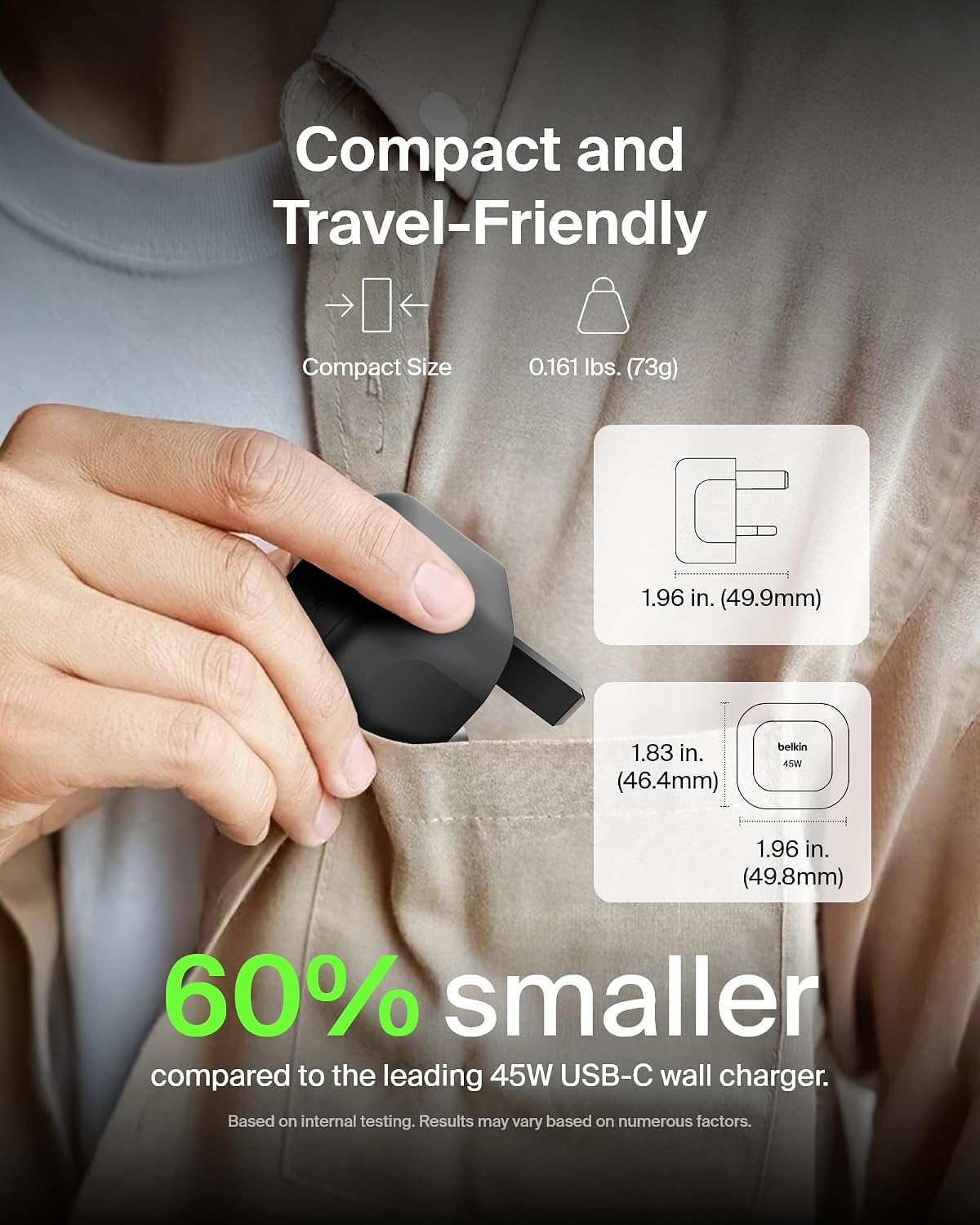 Detalle de Belkin Compact Wall Charger 45W + USB-C to USB-C Cable: Fast, versatile charging in a compact package