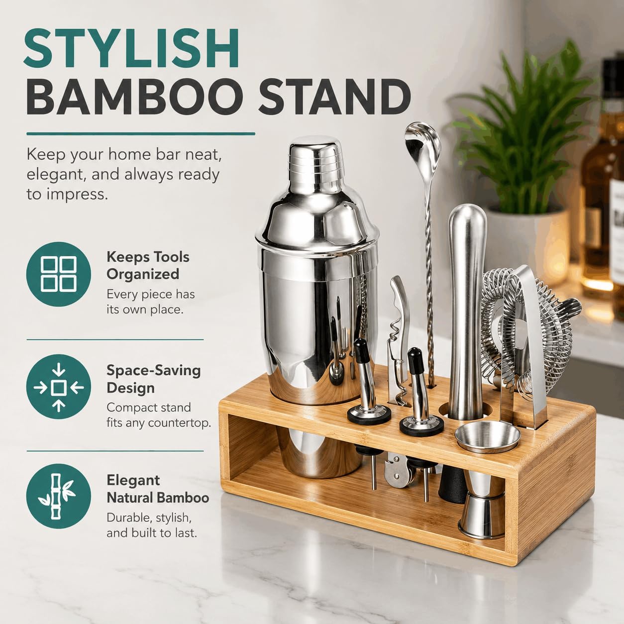 Detalle 2 de Cocktail Shaker Set (18/8 Food-Grade Stainless Steel) 10-Piece Martini Shaker Kit with Bamboo Stand