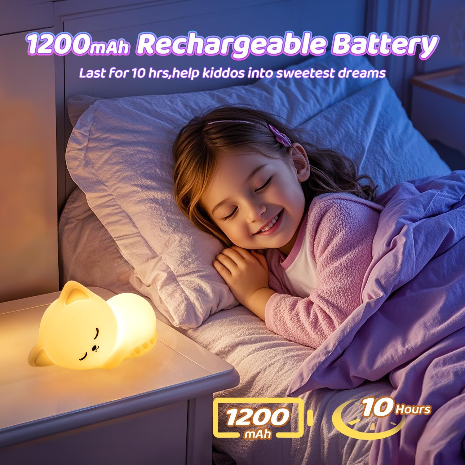 Thumbnail 5 de Nachtlicht Kinder Nachtlicht Baby mit 16 Farben, dimmbar und Fernsteuerung – USB-wiederaufladbare Katzen-Nachttischlampe
