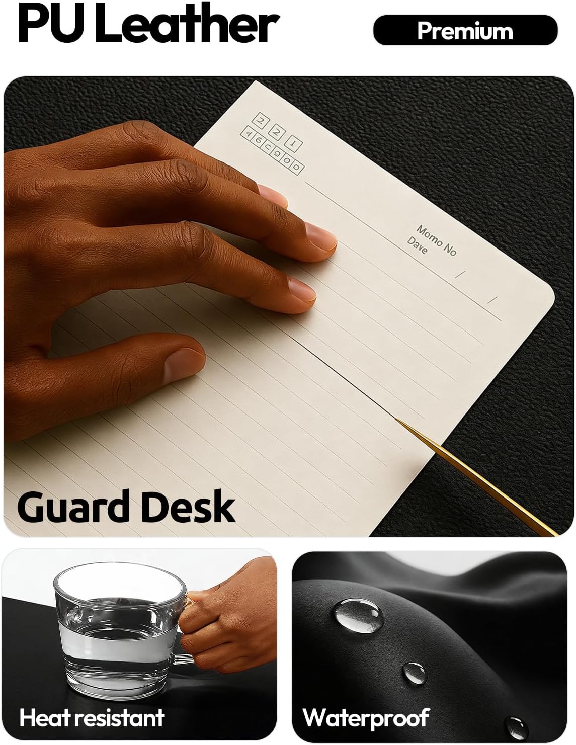 Detalle de YSAGi Leather Desk Protector (Large) — PU Leather Office Mat & Mouse Pad, Waterproof, Non-Slip, Black
