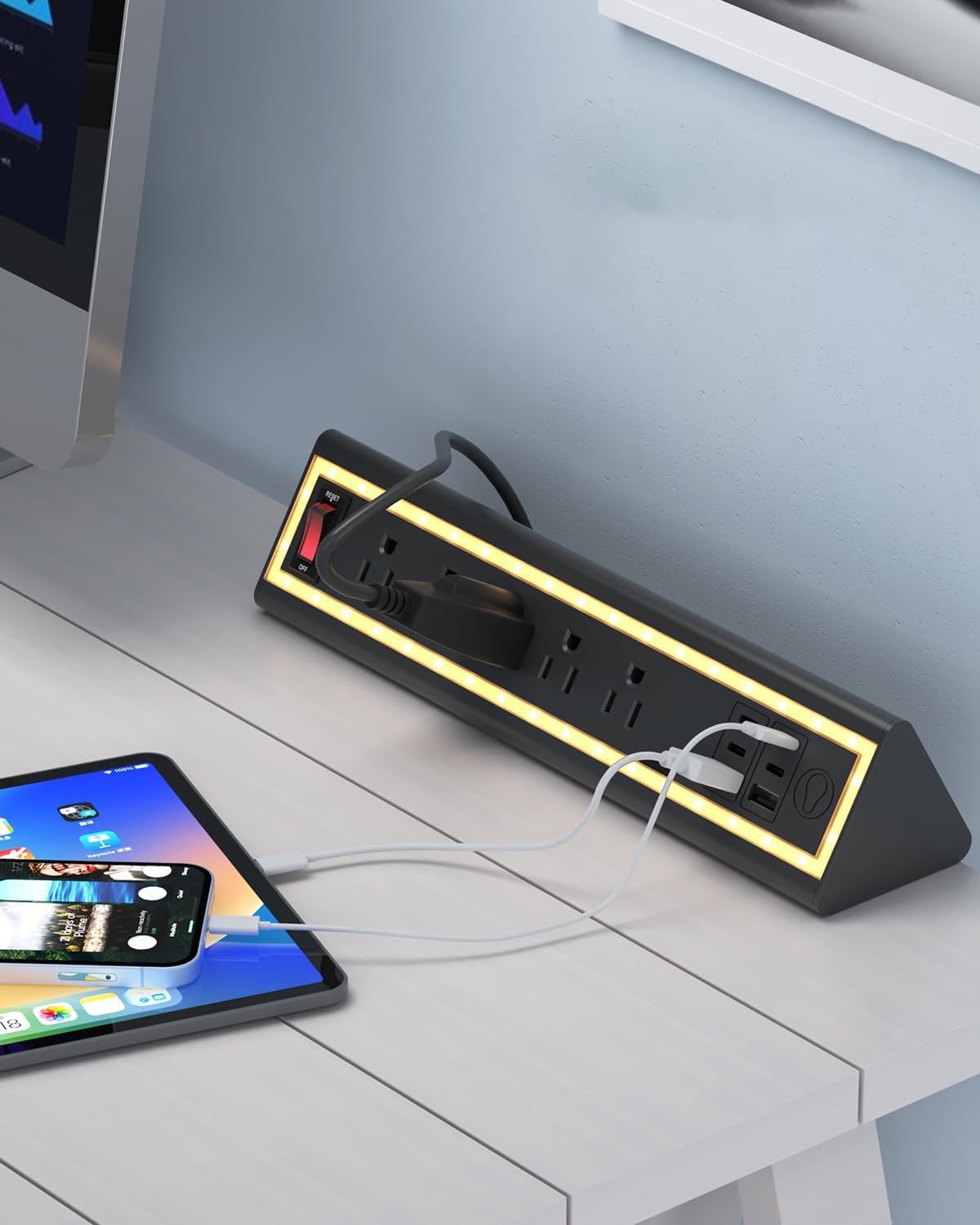 Detalle de NYYTGE Desk Clamp Power Strip with Nightlight, 5-Outlet 40W Fast Charging (6ft Cord) — Fits 1.69-Inch Table Edges