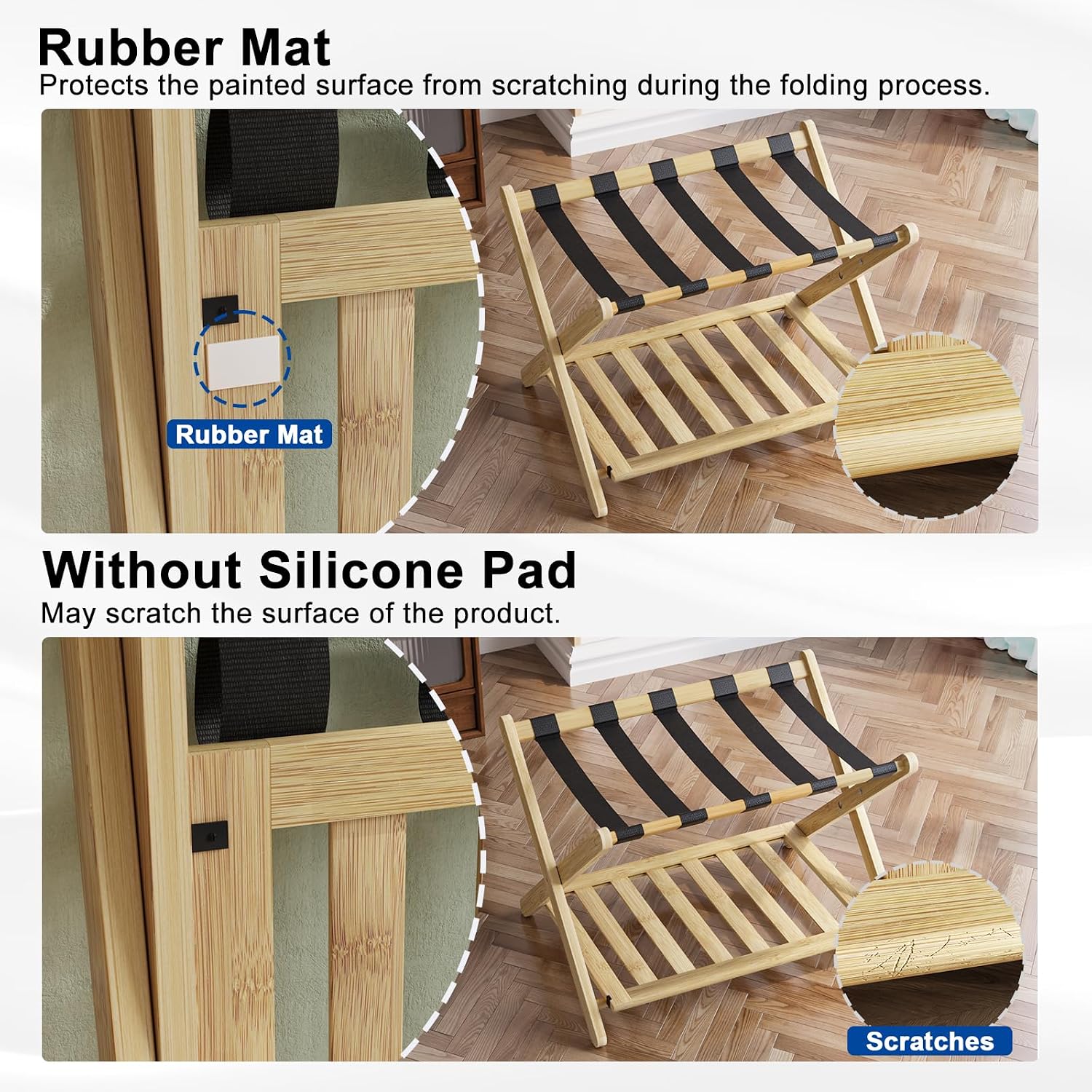 Detalle de Smuxee Fully Assembled Bamboo Foldable Luggage Rack with Shelf & 5 Nylon Straps