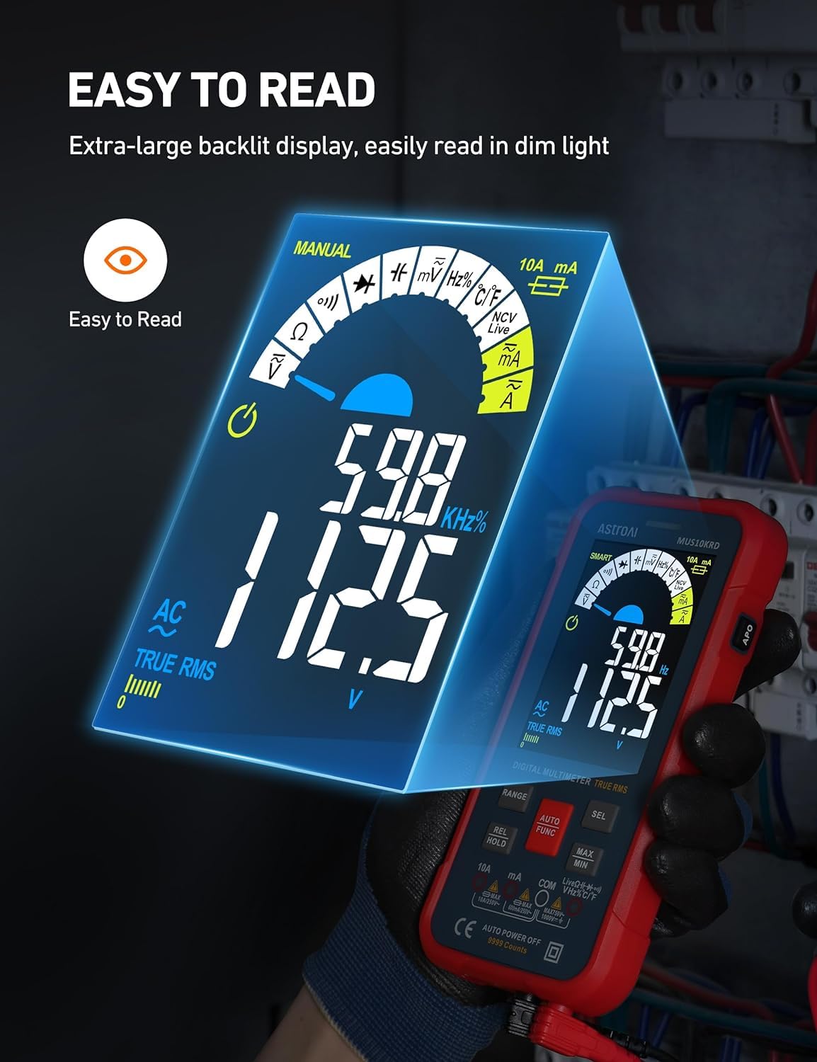 Detalle 1 de AstroAI MUS10KRD Digital Multimeter, 10,000 Counts, True RMS, Colour LCD