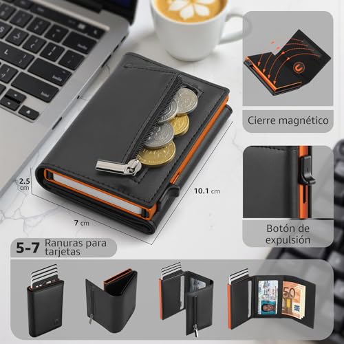 Detalle 2 de TEEHON Tarjetero para Hombre con bloqueo RFID magnético – Negro Naranja