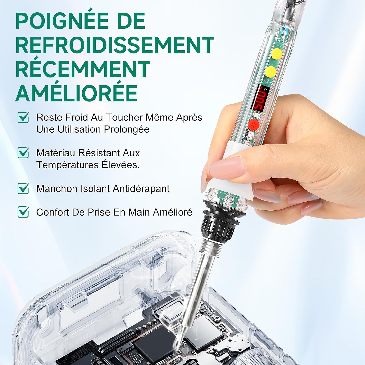 Detalle de Kit fer à souder OneAmg 80 W à température réglable 180–500 °C (5 pannes) avec fil, pompe à dessouder et accessoires