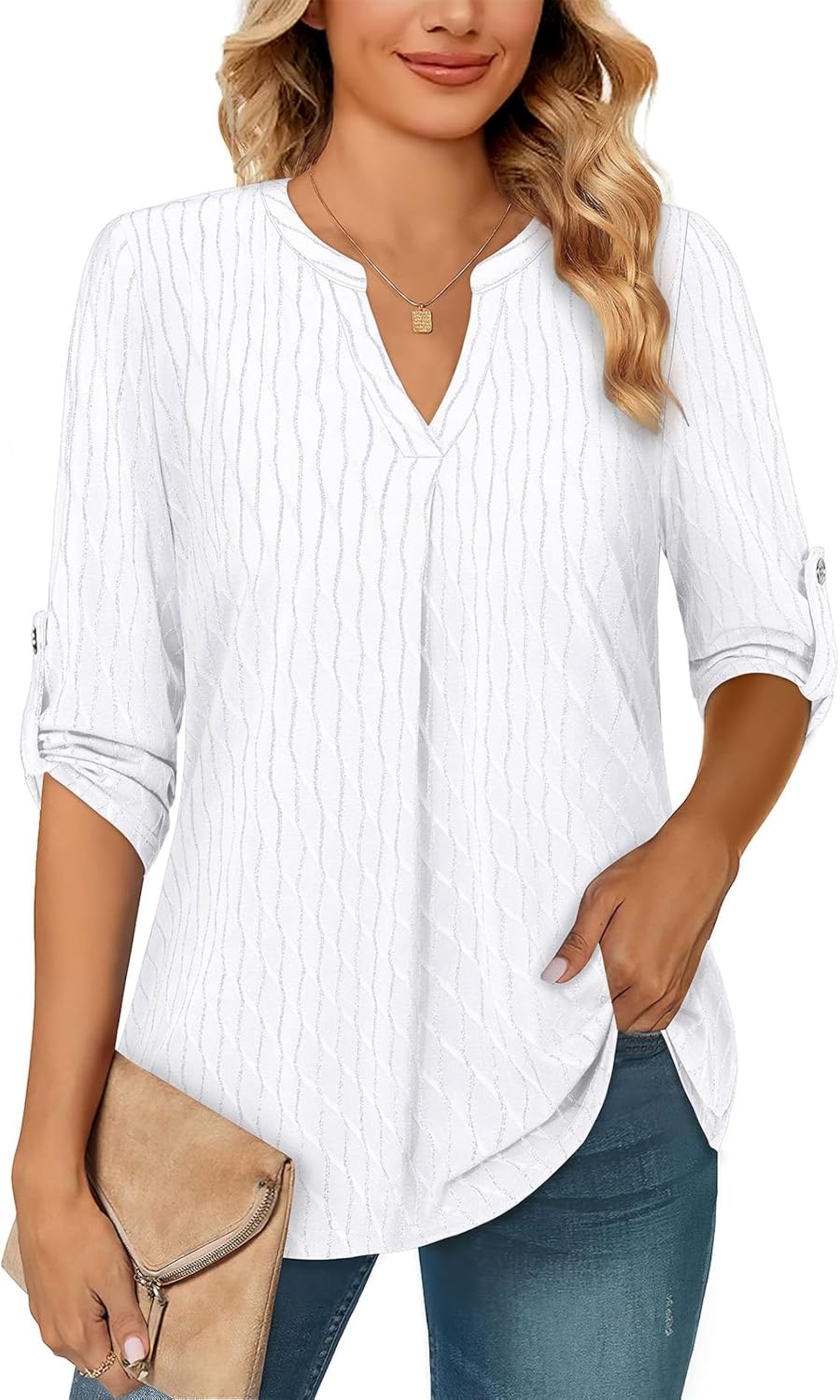 Thumbnail 6 de Siddhe Damen Bluse V-Ausschnitt 3/4 Ärmel Langarm Shirt