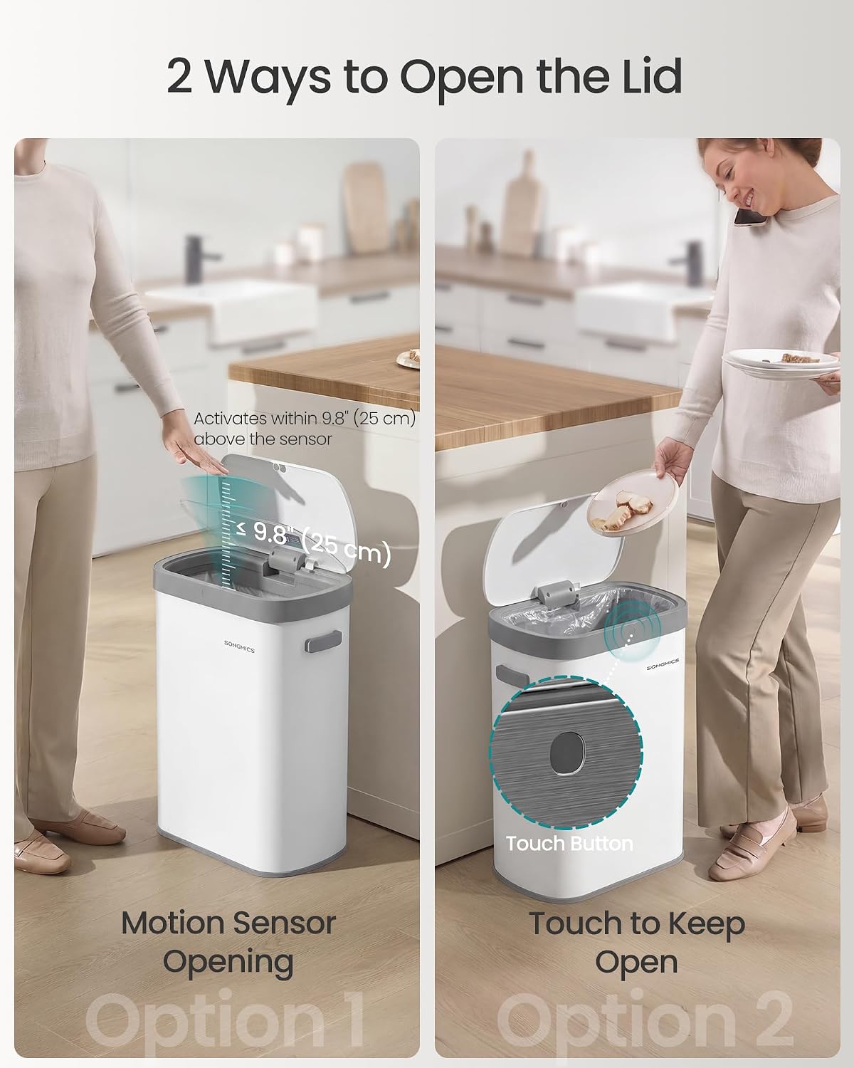 Thumbnail 2 de SONGMICS Motion Sensor Kitchen Bin 50 L (LTB640WZ02) – Wave or Touch Open, Soft Close Lid