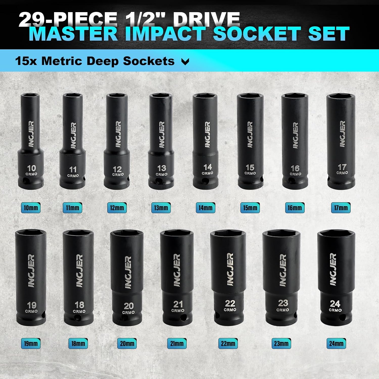 Detalle de INGJER 1/2" Drive 29-Piece Impact Socket Set (SAE + Metric) with Extension Bars