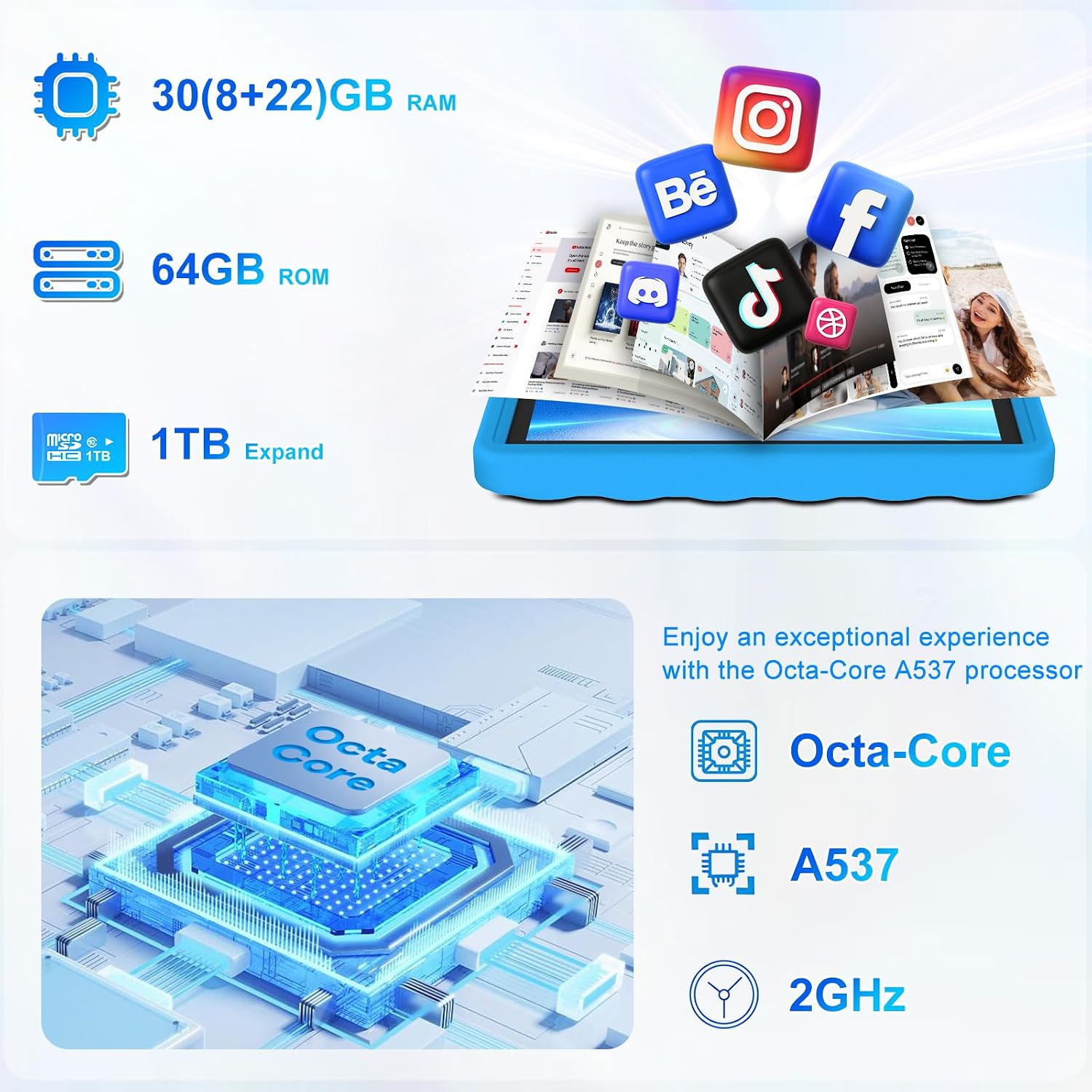 Detalle 2 de DMOAO Kinder Tablet 10 Zoll mit Android 15, 30 GB RAM, 64 GB ROM, 2 TB Erweiterung, 5G WLAN, 6000 mAh – Blau
