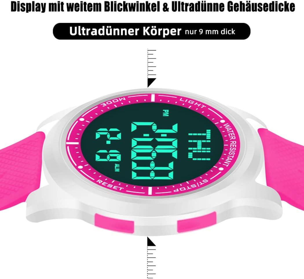 Detalle de WIFORT Digital Herren Damen Uhr mit 5 ATM, Stoppuhr, Countdown und Wecker