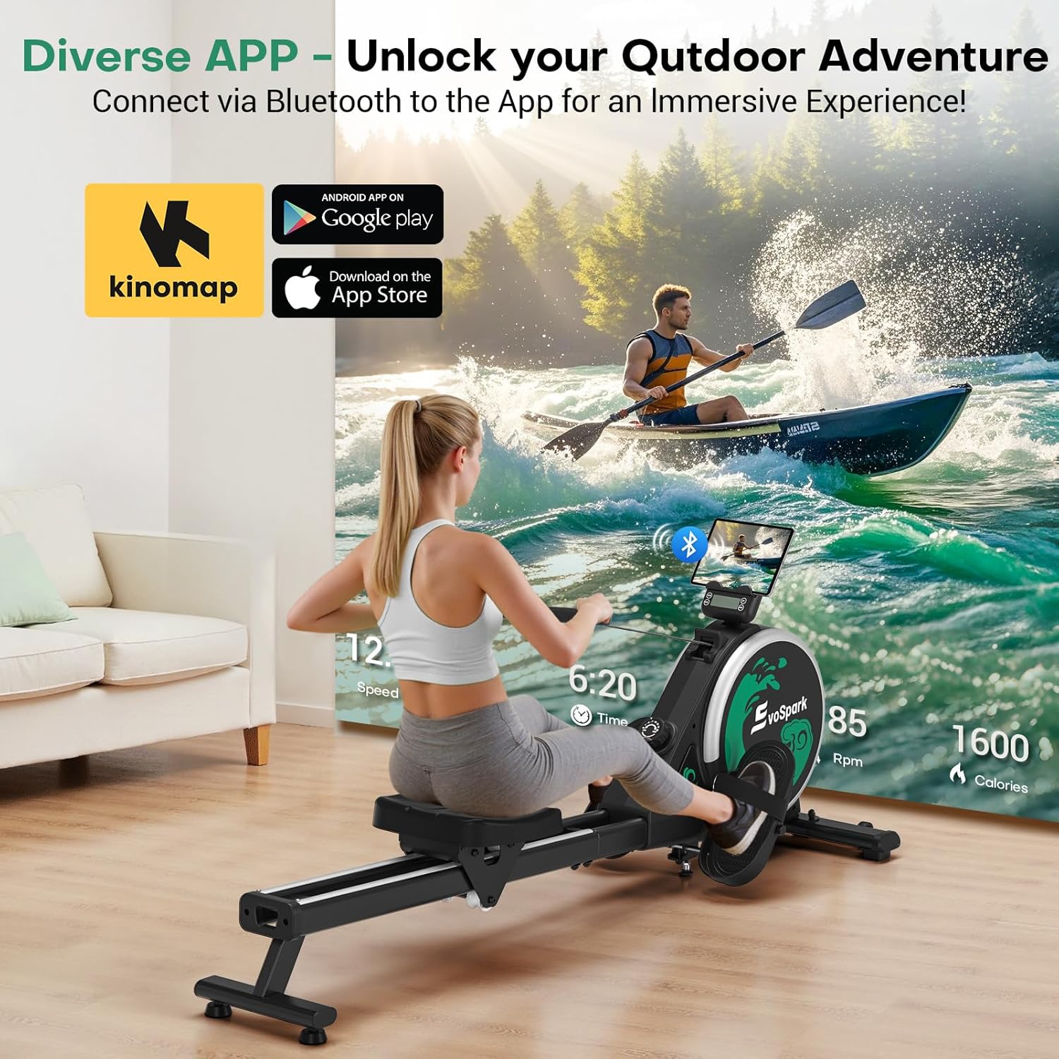 Thumbnail 5 de EvoSpark Magnetic Rowing Machine for Home Gym — Foldable, 350 lb Capacity, App Supported