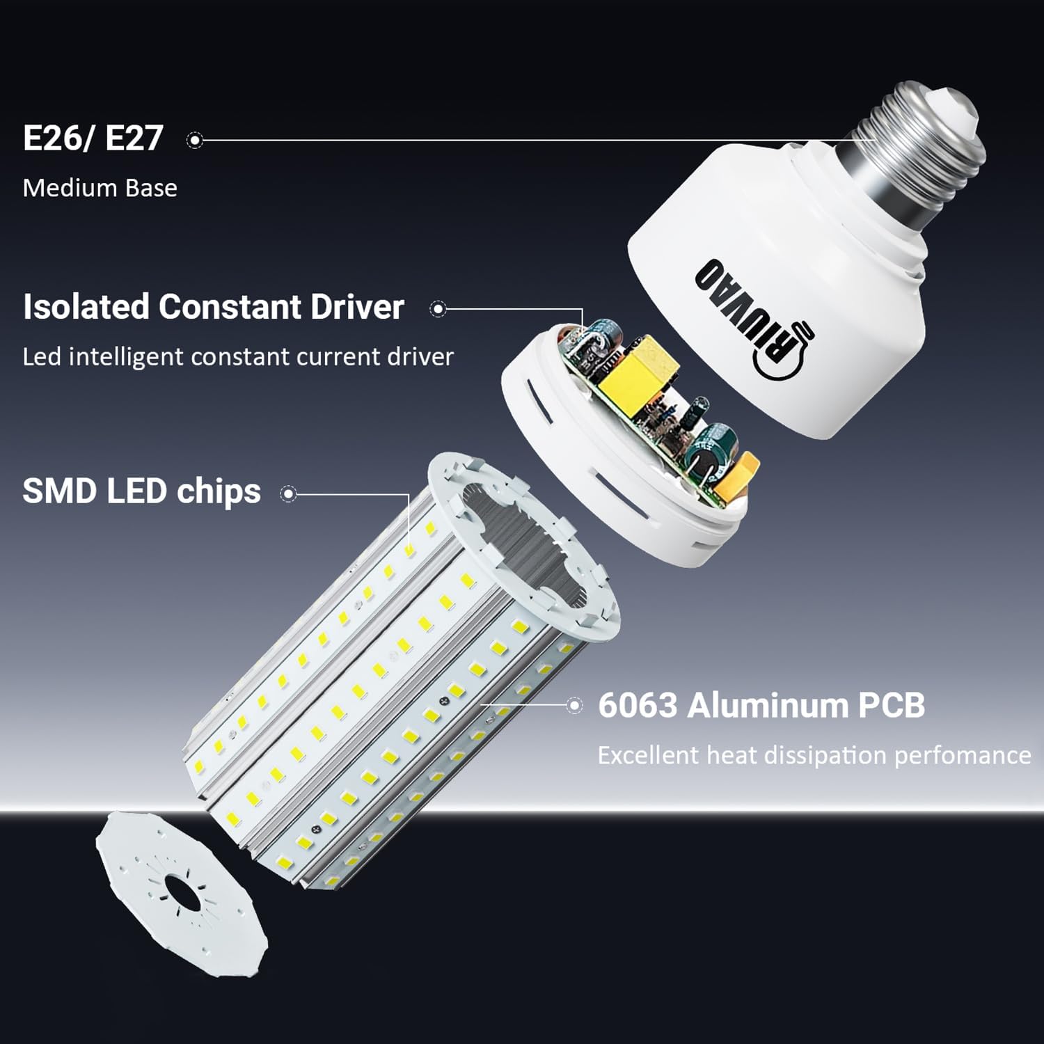 Detalle 2 de RIUVAO ACL5003 LED Corn Bulbs, 7,500 Lumens, 5,000K, 2-Pack