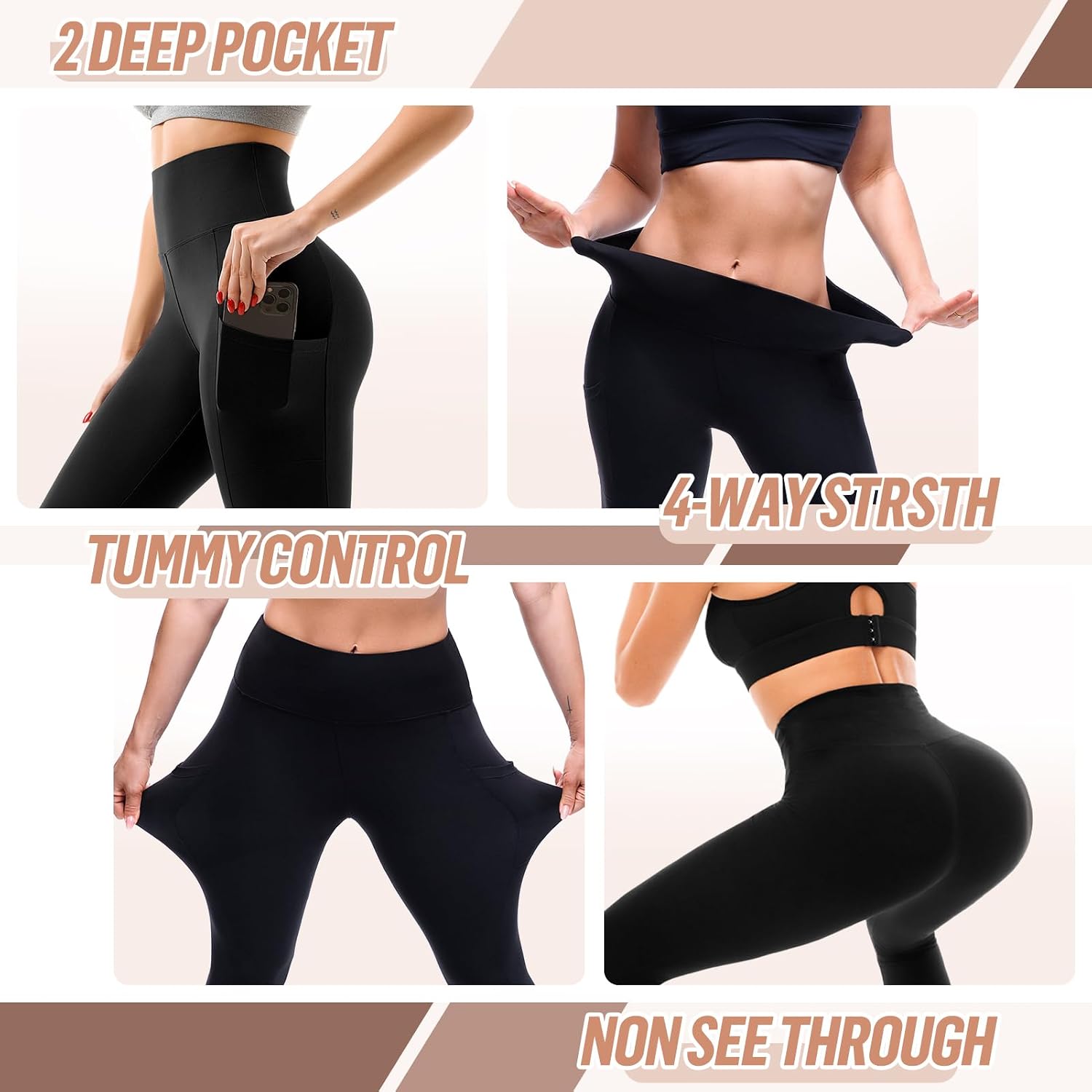 Detalle de SINOPHANT High Waisted Leggings with Pockets Women — Full Length, Butter-soft Stretch Yoga Pants