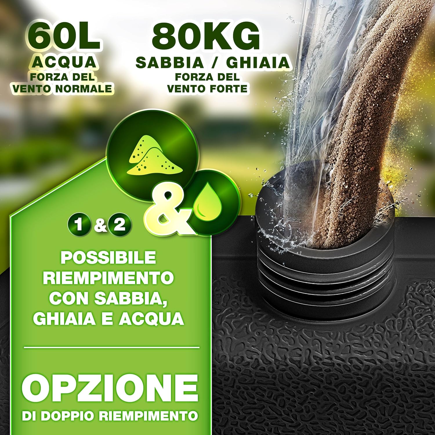 Thumbnail 2 de tillvex® Base per ombrellone 60 litri / 80 kg da 4 pezzi con connettore metallico (decetrata) per ombrellone decentrato