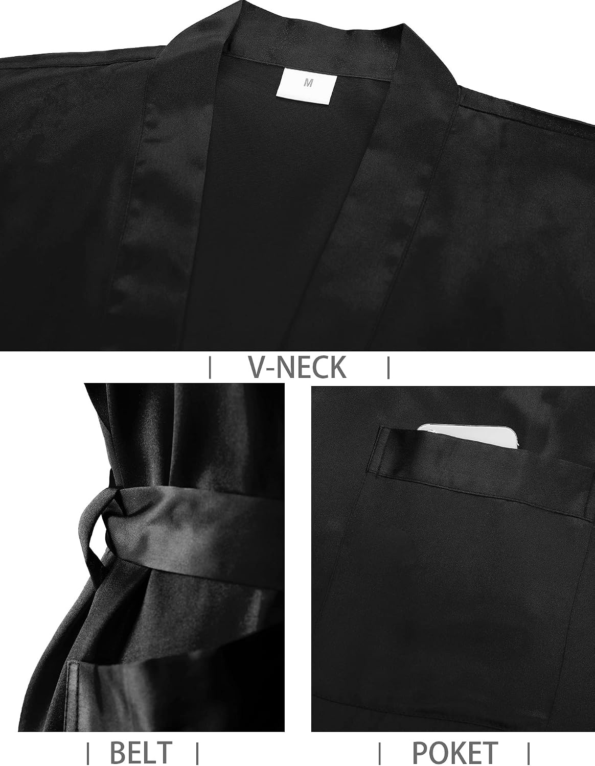 Detalle de Irdcomps Peignoir Homme Satin – Kimono de bain en satin avec ceinture, robe de chambre élégante