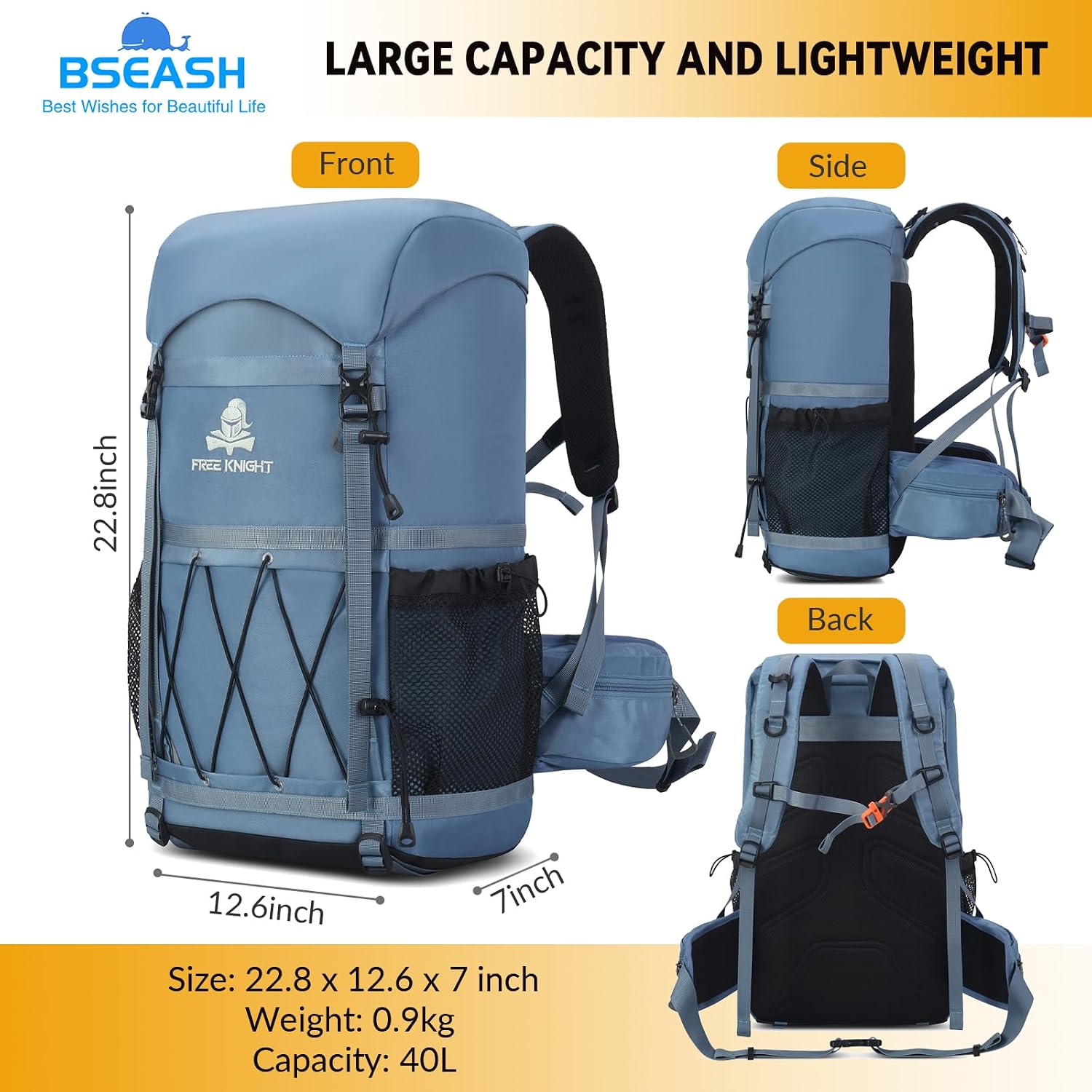 Detalle de Bseash 40L Waterproof Hiking Backpack with Rain Cover – Light Blue