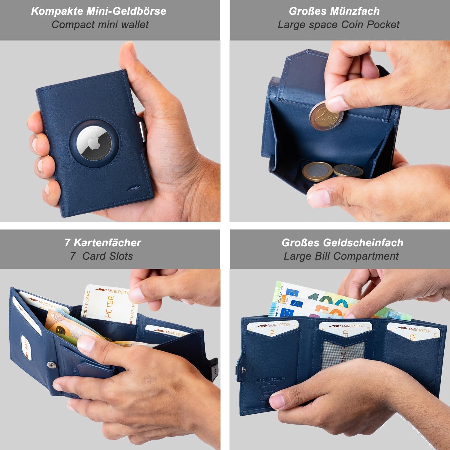 Thumbnail 3 de Marc Peter Jupiter AirTag Echtleder-Geldbörse mit XL-Münzfach (für bis zu 11 Karten) – RFID-Schutz, blau