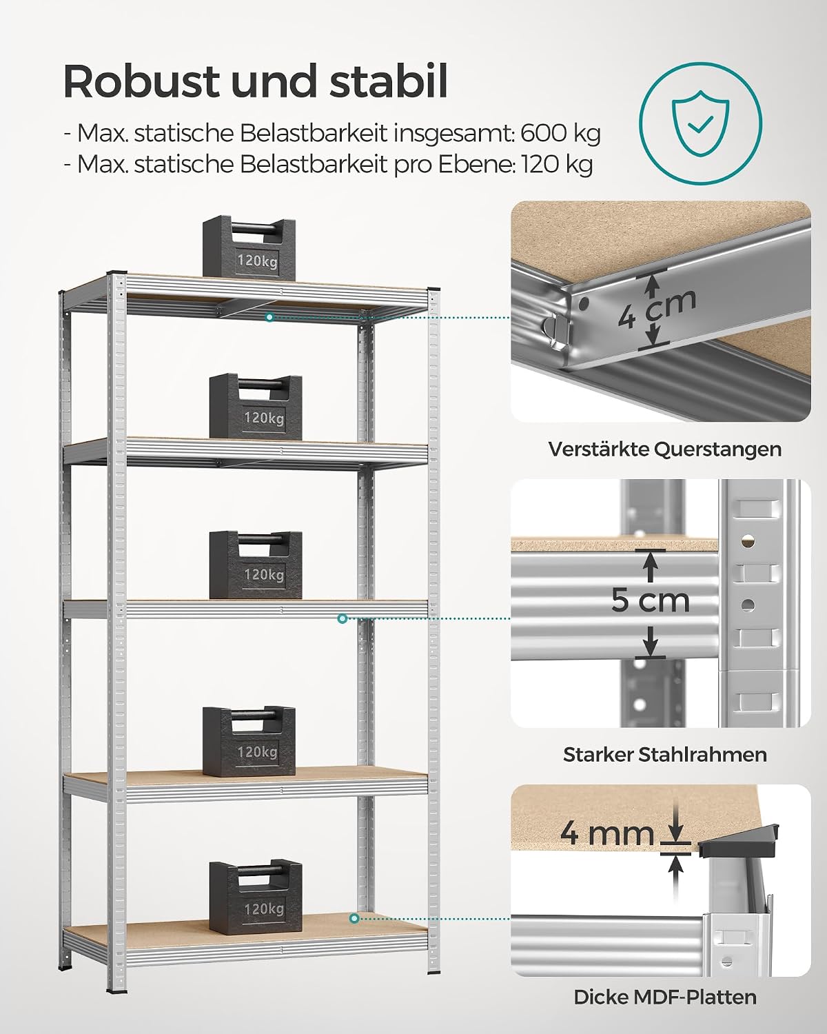 Thumbnail 3 de SONGMICS Schwerlastregal 50 × 100 × 200 cm – stabil, 600 kg Tragkraft, 5 verstellbare Ablagen