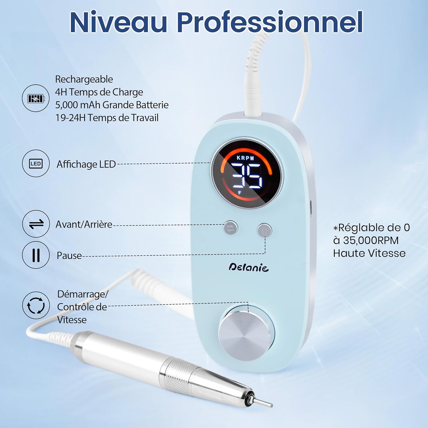 Detalle de Delanie Ponceuse pour Ongles sans noyau 35000 RPM – kit professionnel sans fil