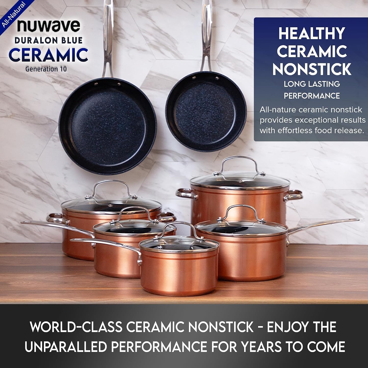 Detalle de Nuwave Healthy Duralon Blue Ceramic Nonstick Cookware Set (Diamond-Infused, PFAS-Free) with Tempered Glass Lids