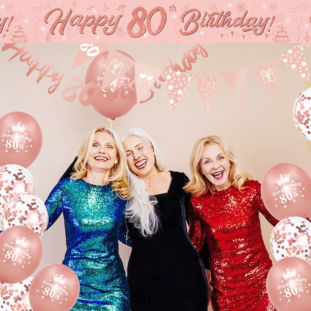 Thumbnail 6 de Rose Gold Happy 80th Birthday Banner, Sash, Cake Topper, Triangle Flags & Confetti Balloons Decoration Set