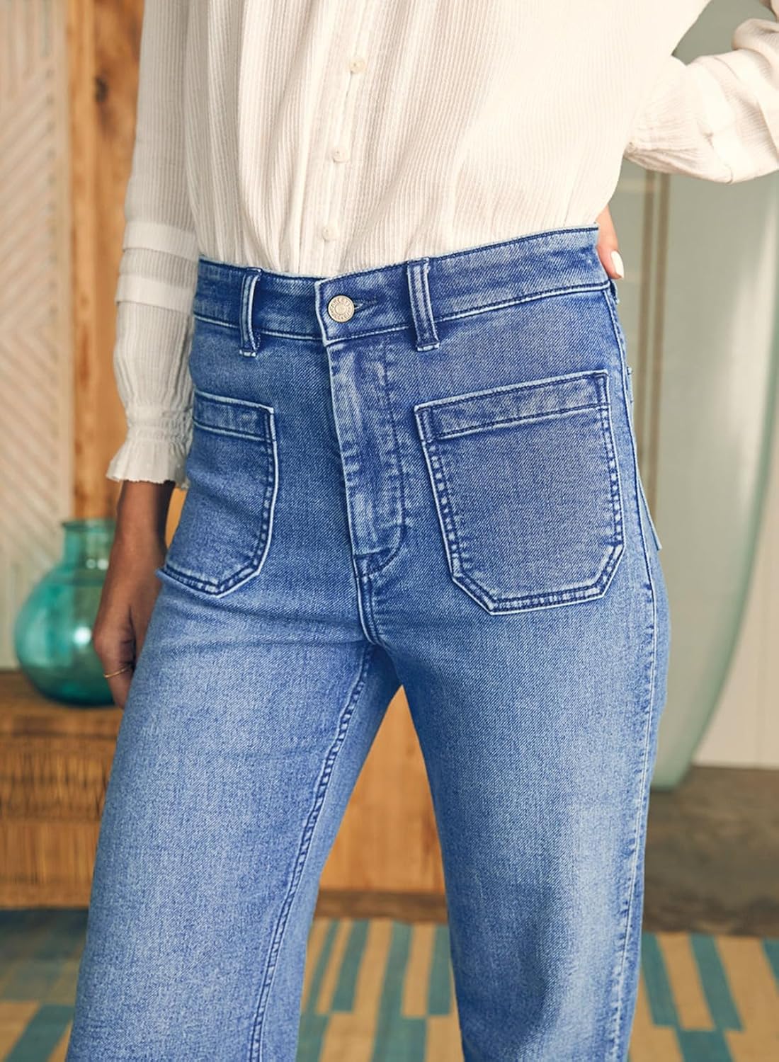 Detalle de Astylish Women’s High-Waisted Stretch Wide-Leg Jeans (Straight Leg) with Pockets