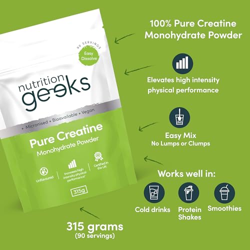 Detalle de Nutrition Geeks Pure Creatine Monohydrate Powder – 315g (90 Servings), Unflavoured, Micronised & Easy to Dissolve