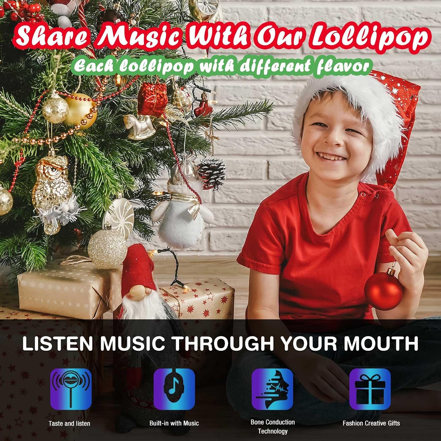 Detalle de AMOS Sucette Musicale Mûre & Pêche & Menthe & Pomme – coffret de 4 bonbons audio, Noël, sans sucre