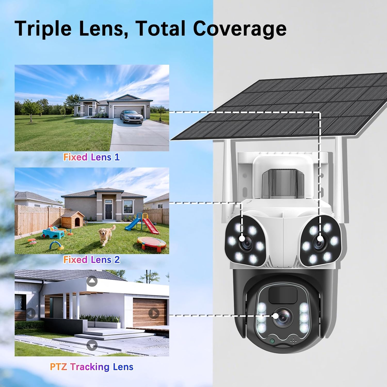 Detalle 2 de Caméra de surveillance extérieure sans fil 8MP avec panneaux solaires 355° PTZ et double objectif grand angle – Pack 2
