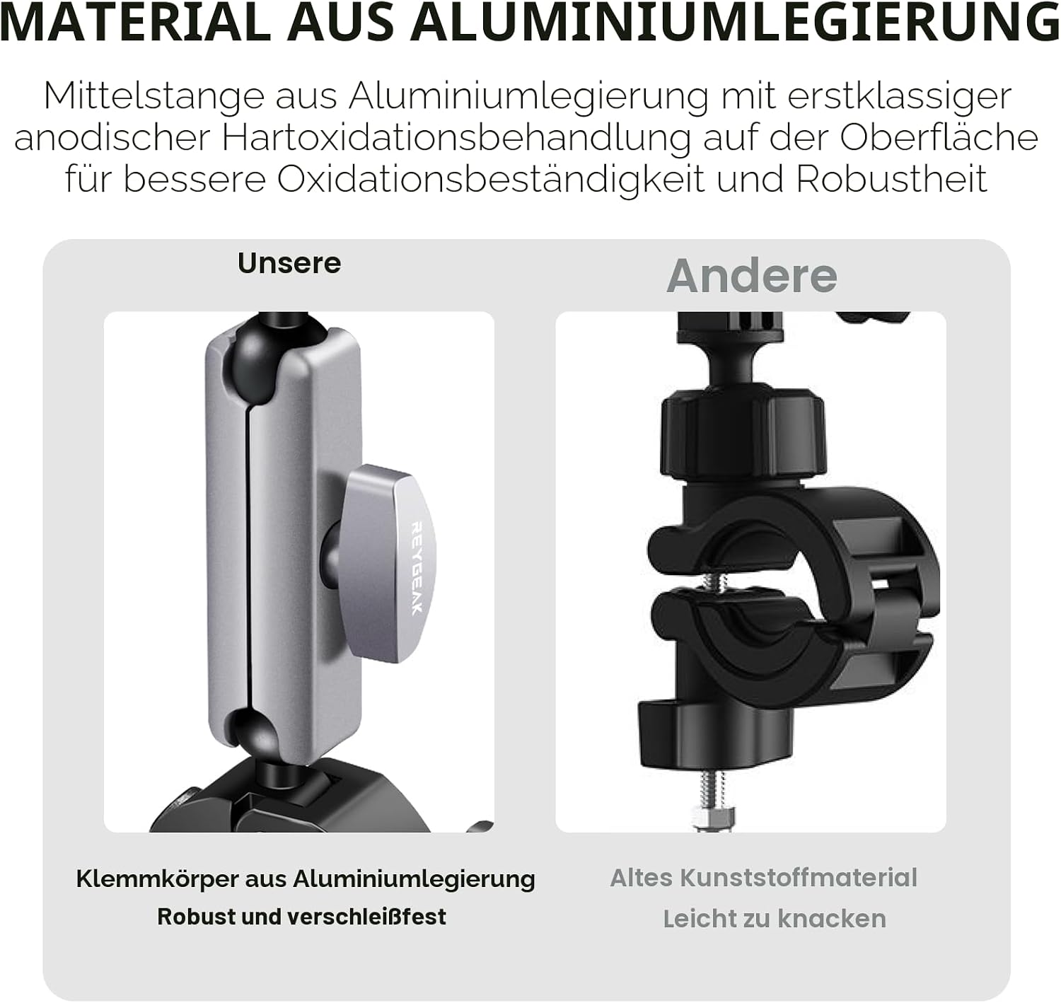 Detalle de REYGEAK Kamerahalterung: 360°-Dual-Kugelkopf, 1/4-Zoll-Schrauben, Fahrradlenkerhalterung mit Doppelklaue für GoPro Max/Hero 13–9
