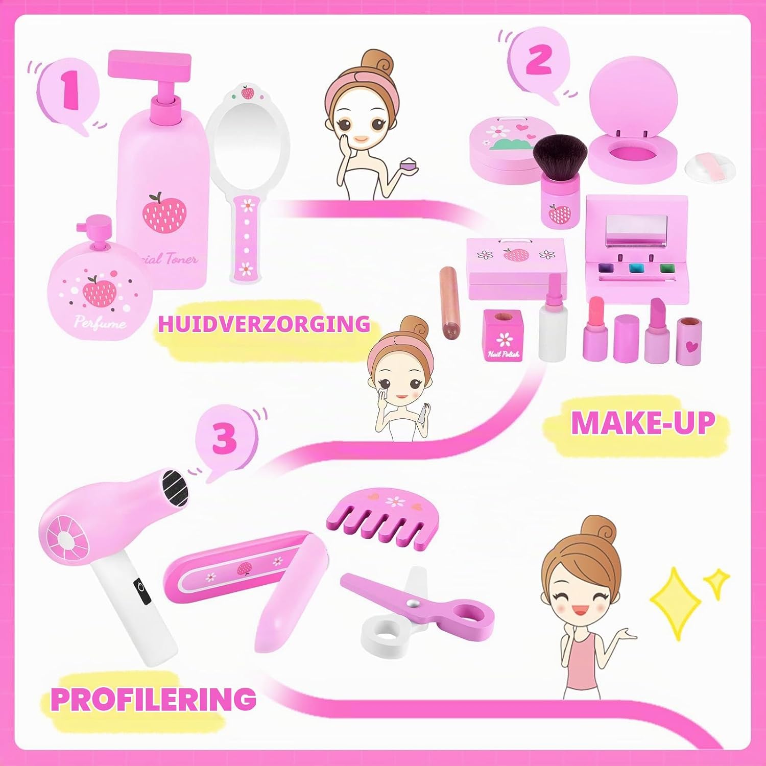 Thumbnail 6 de GAGAKU G06MU2401 houten make-up- en kappersset, roze, 16-delig