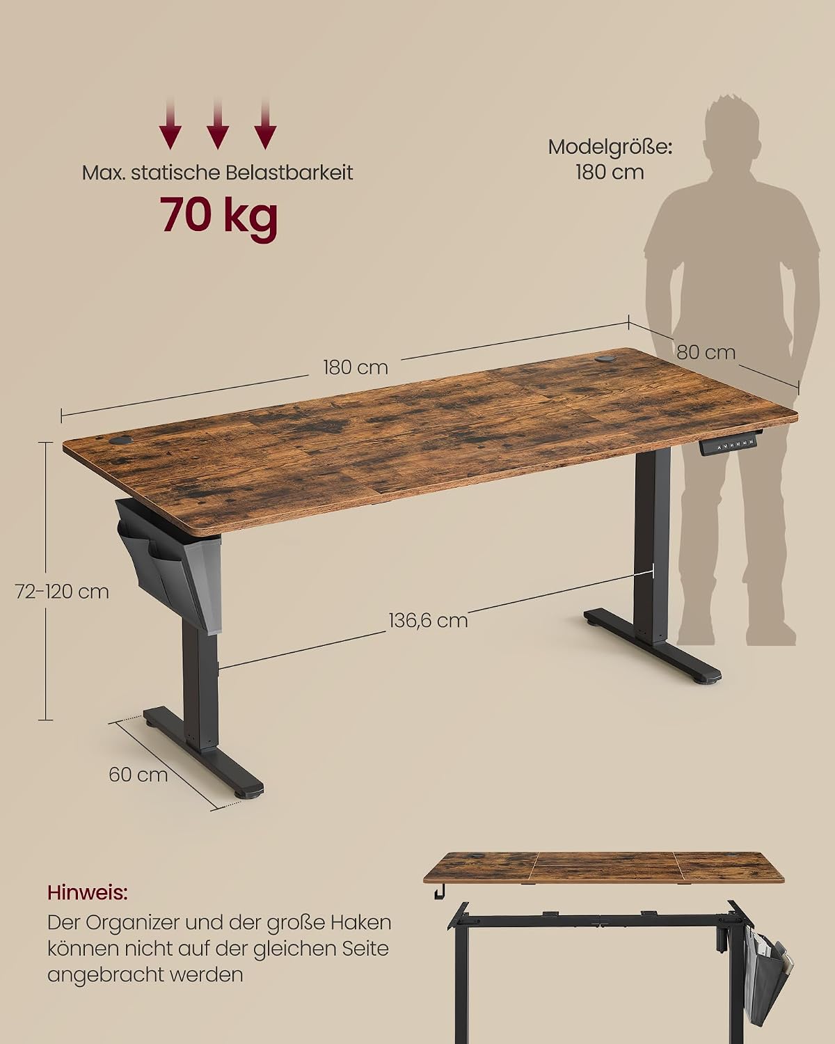 Detalle 2 de SONGMICS LSD138K01 höhenverstellbarer Schreibtisch 180×80 cm