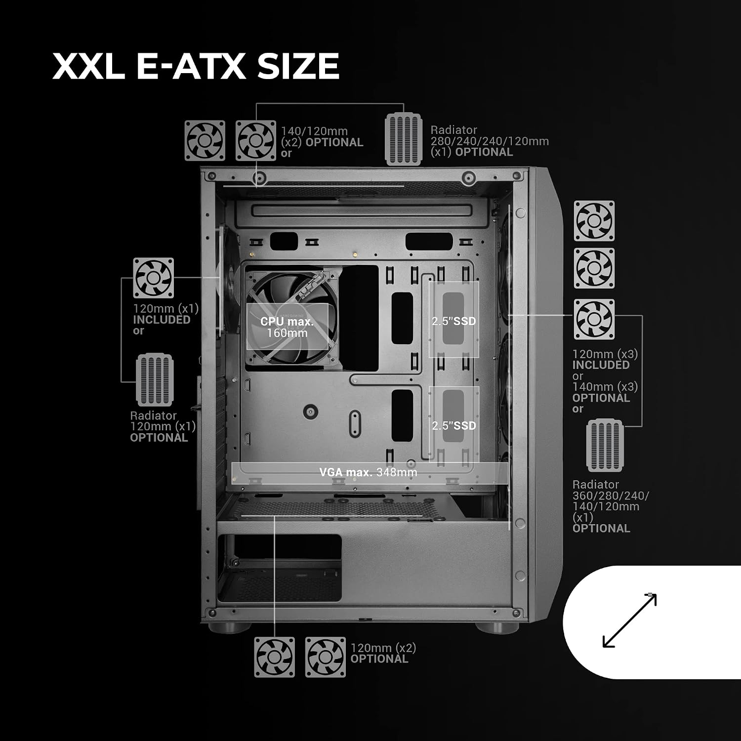 Detalle de Mars Gaming MC-PRO2 – obudowa E-ATX z 5 wentylatorami i metalowym frontem mesh
