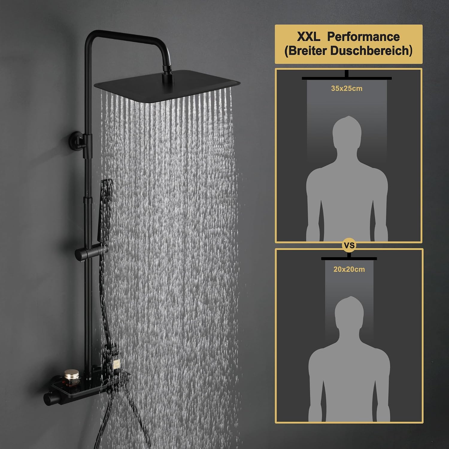 Detalle de Görbach Regendusche Duschsystem Wassersparend: Edelstahl Dusche mit verstellbarer Stange, 35x25 cm Kopfbrause und Thermostat