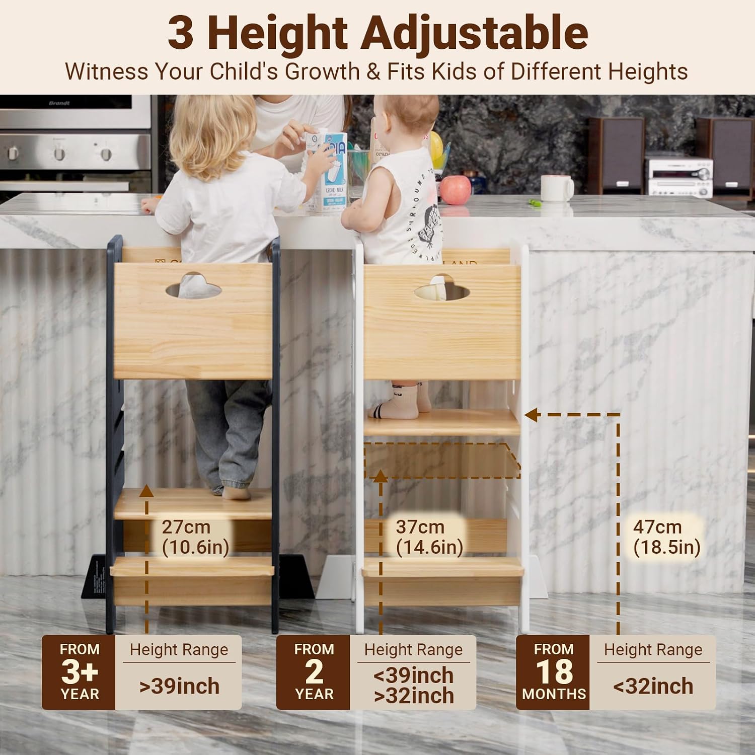 Detalle 2 de COSYLAND Toddler Standing Tower 3-Level Wooden Kitchen Stool