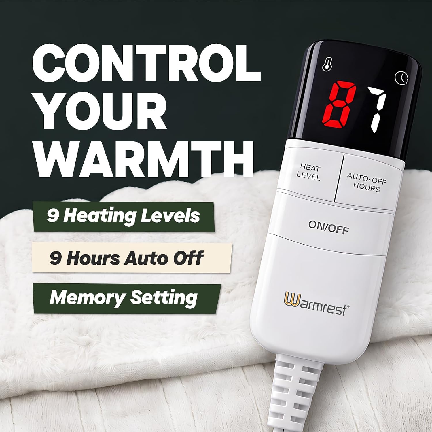 Detalle de Warmrest WR-POPRA50-WHITE Heated Throw Blanket, 9 Heat Settings, White Faux Fur