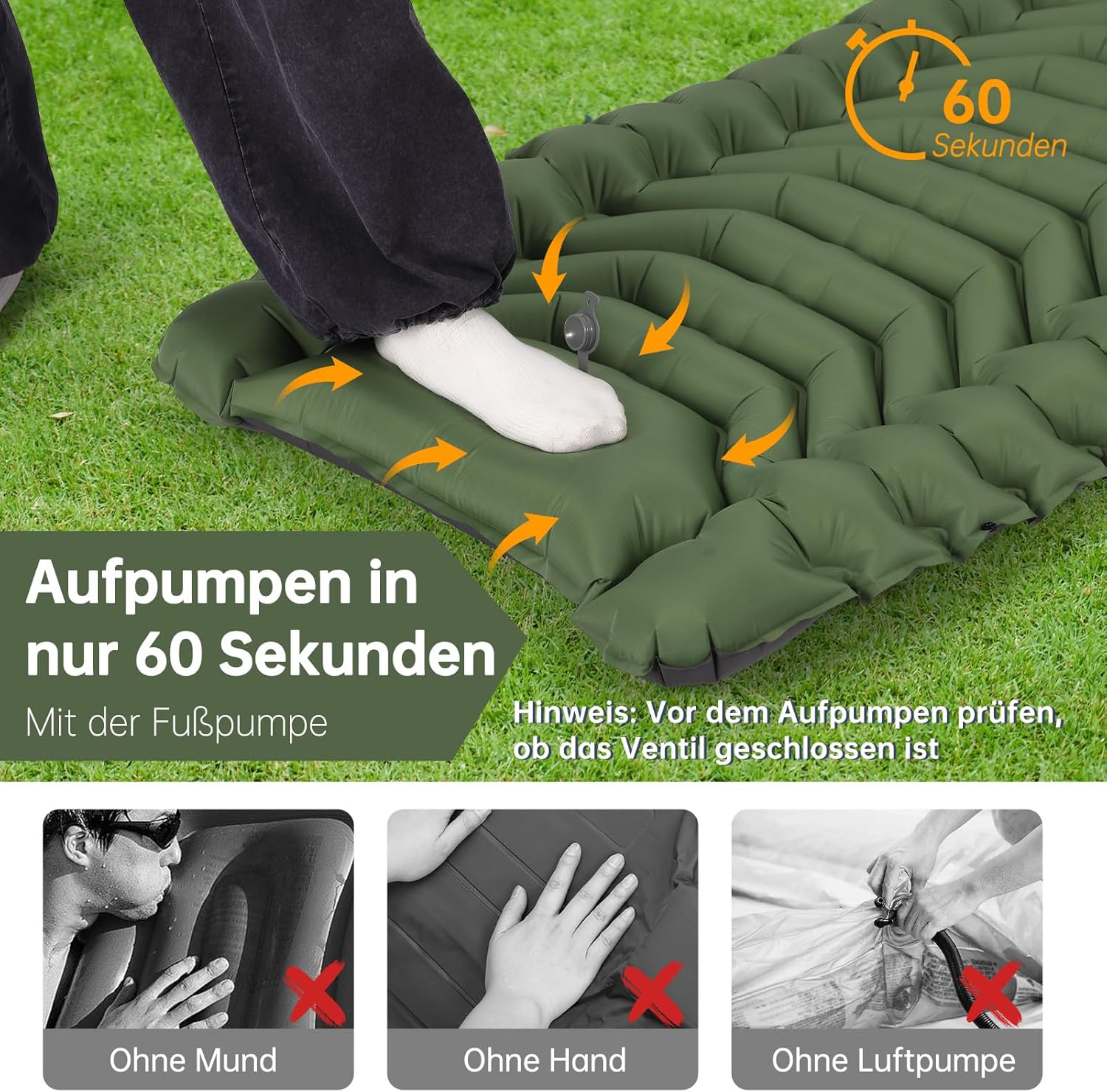 Thumbnail 2 de HAUSPROFI Isomatte Camping – ultraleichte Luftmatratze mit Fußpumpe & Kissen (9 cm), grün