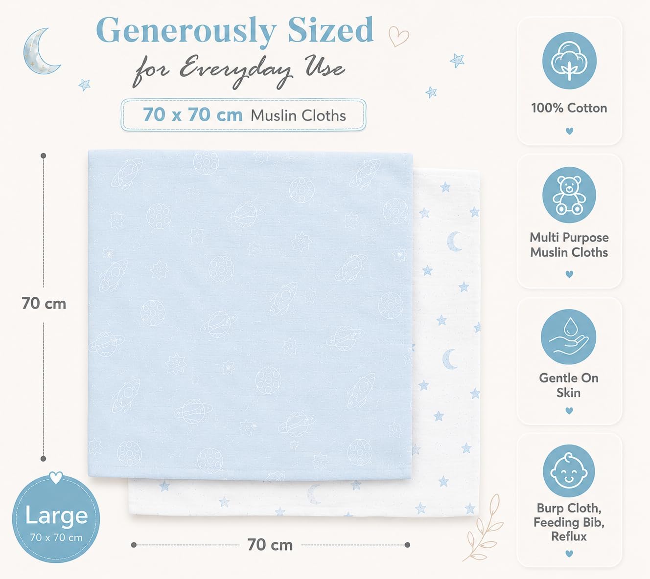 Thumbnail 5 de Large Baby Muslin Cloths (Pack of 6) 100% Cotton Muslin Squares – Soft, Absorbent & Breathable | Baby Blue Collection