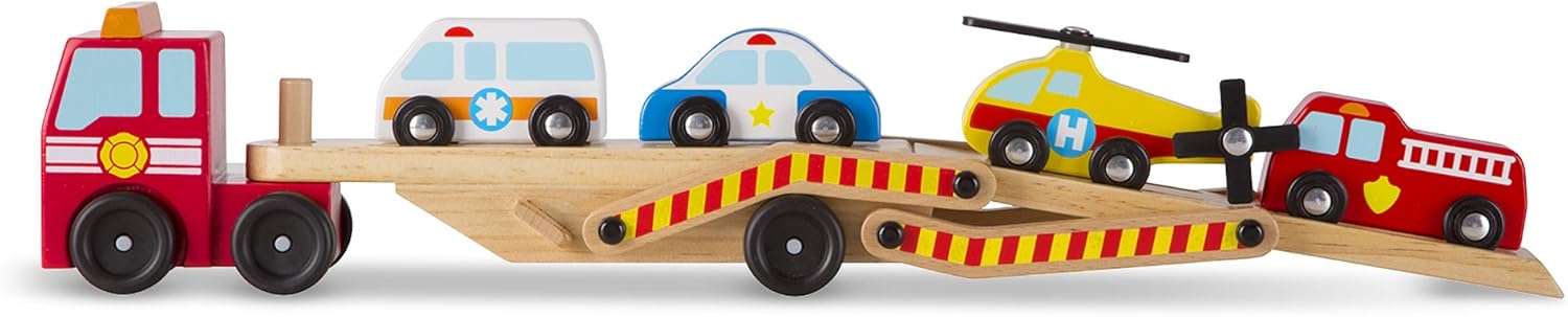 Thumbnail 2 de Melissa & Doug Carro Attrezzi Giocattolo 5 Pezzi: elicottero, ambulanza, auto polizia e camion dei pompieri in legno