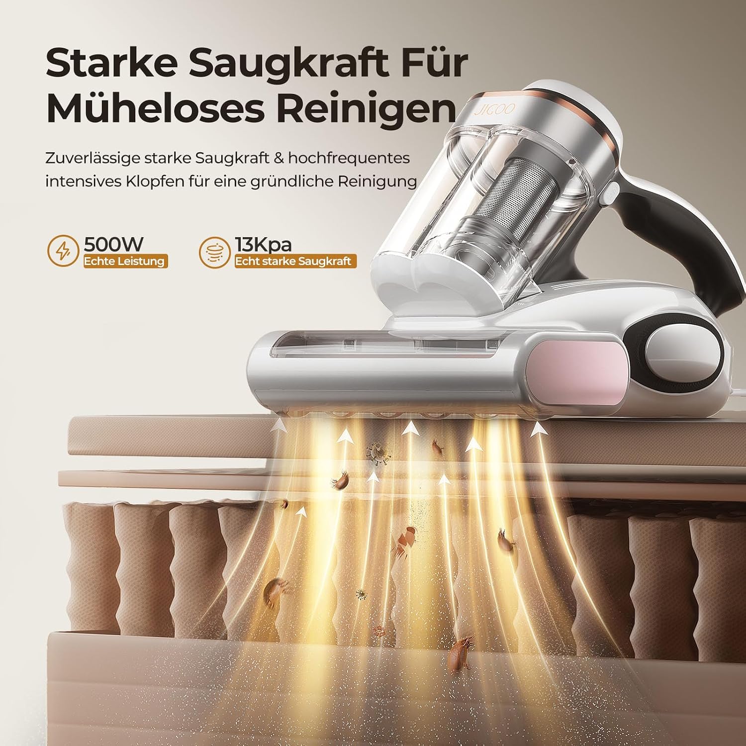 Detalle de JIGOO J300 Milbensauger mit Staubmilben-Sensor – effektive Matratzenreinigung inkl. UV-Licht