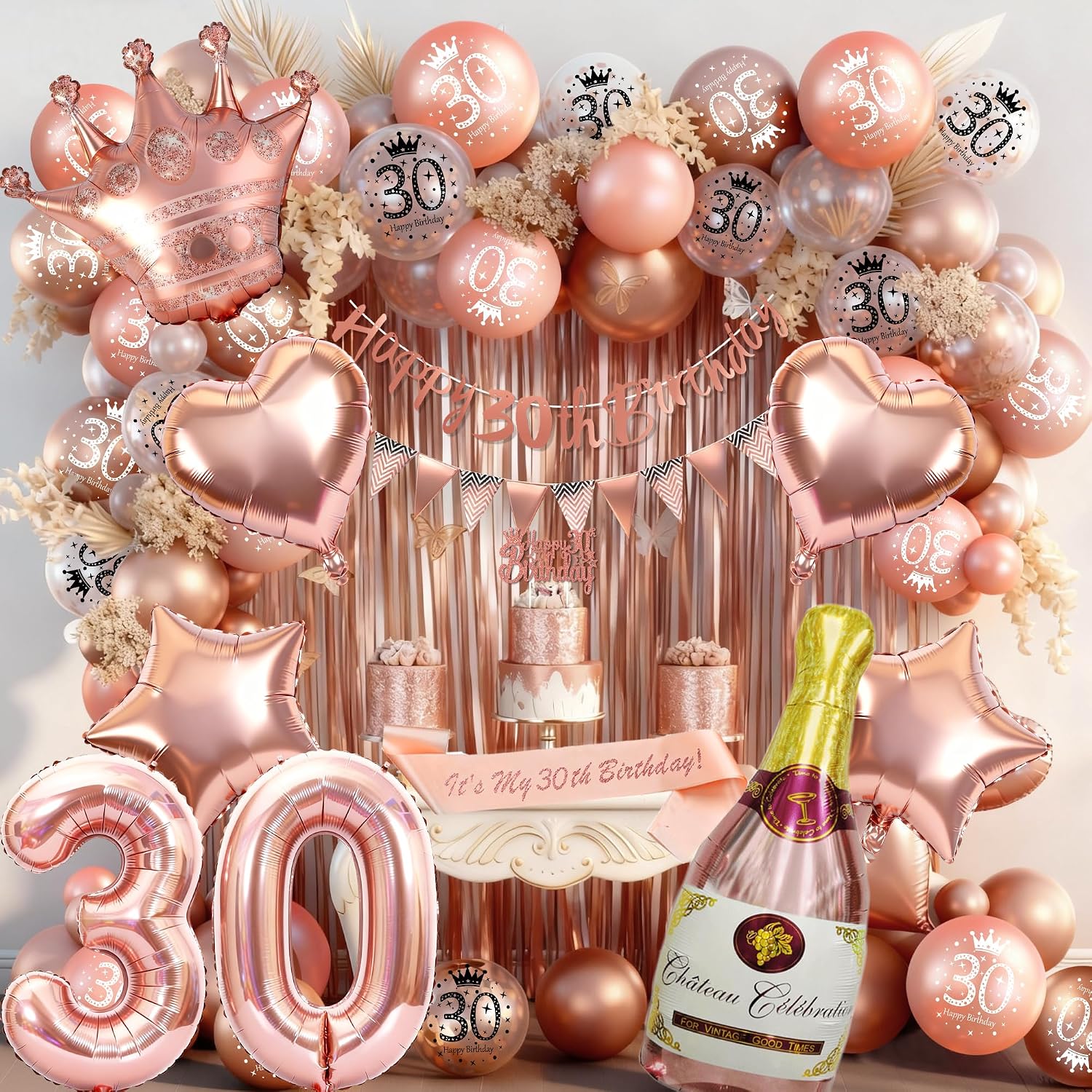 Detalle de Rose Gold 30th Birthday Decoration Set for Women – Happy 30th Birthday Banner, Triangle Flags, “30” Foil Balloons & More