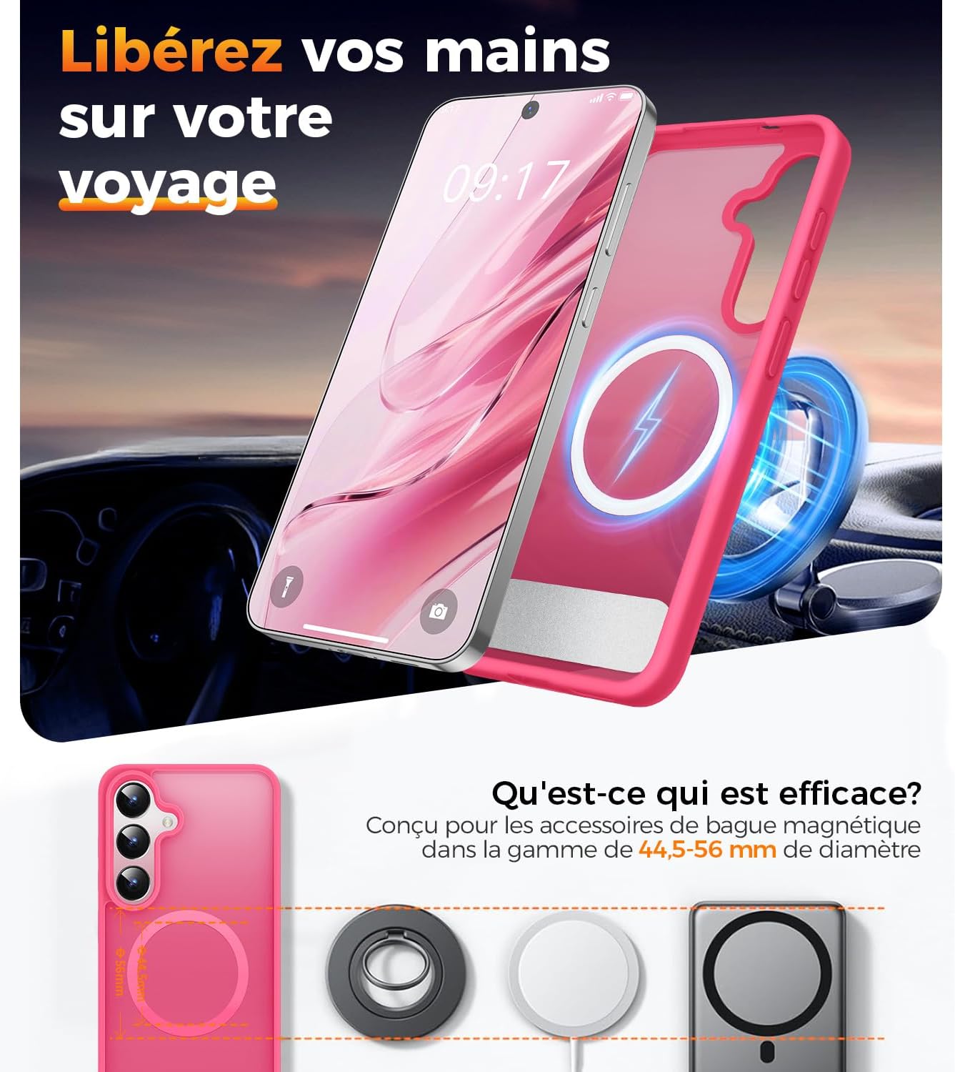 Detalle de New-One Coque Galaxy S24/S25 avec Support 360° Magnétique et Protection Militaire – Bumper Silicone Fuchsia