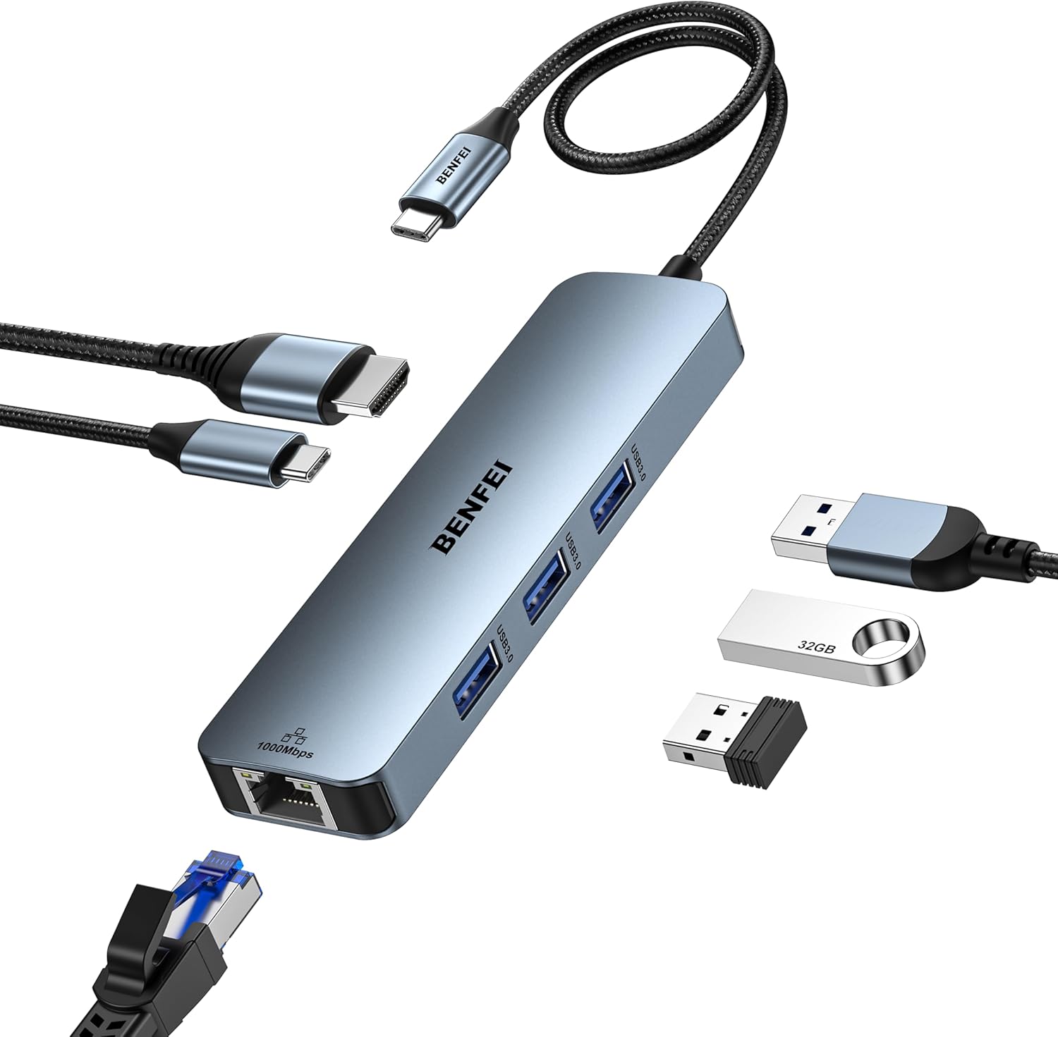 Detalle de BENFEI 6in1 USB‑C Hub mit HDMI (4K@60Hz), Gigabit Ethernet und 100W PD – 3× USB‑A (5 Gbps)