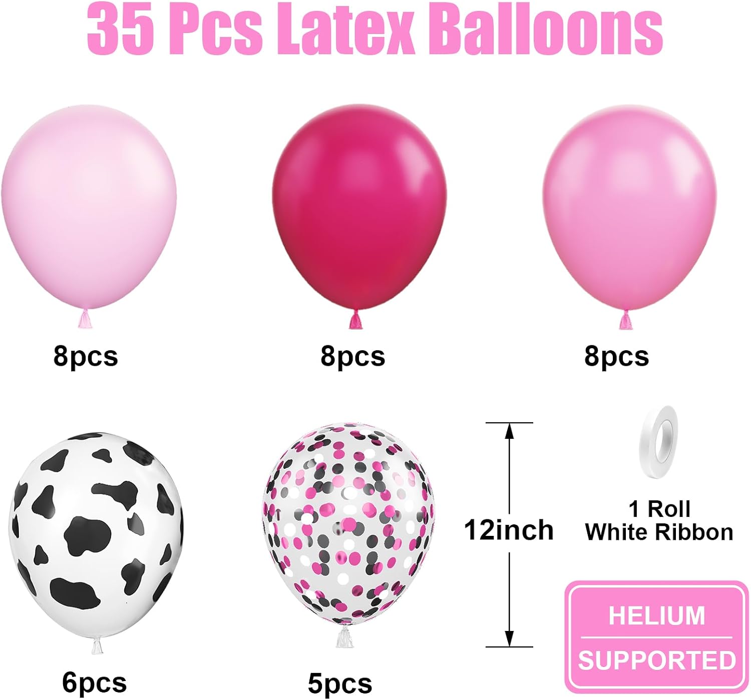 Detalle de Cow Balloons Kit – 12 Inch Cow Print with Hot Pink and Pastel Pink Confetti, for Cowgirl Theme Parties