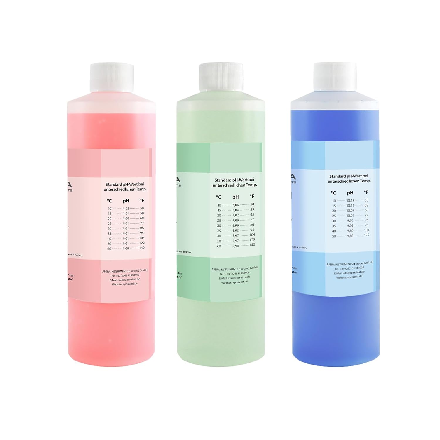 Detalle 2 de Apera Instruments pH-kalibratieoplossing 4.01/7.00/10.01, 3 x 250 ml